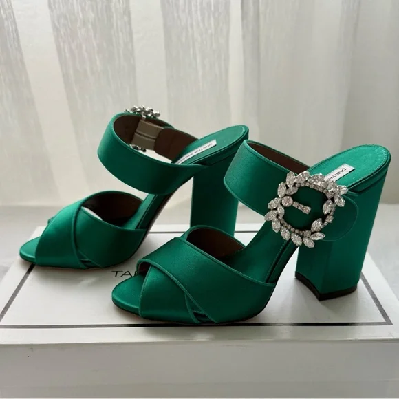 Tabitha Simmons Reyner Emerald Satin Crystal Buckle Block Heels Size 8 NWT RARE - Picture 8 of 16